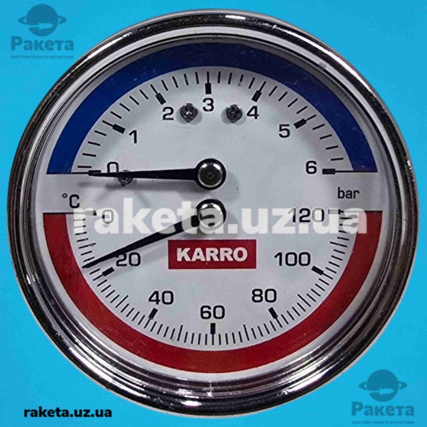 Термоманометр для котла Karro, задній вихід, 0-6 Bar, T=0-120 °C, 1/2
